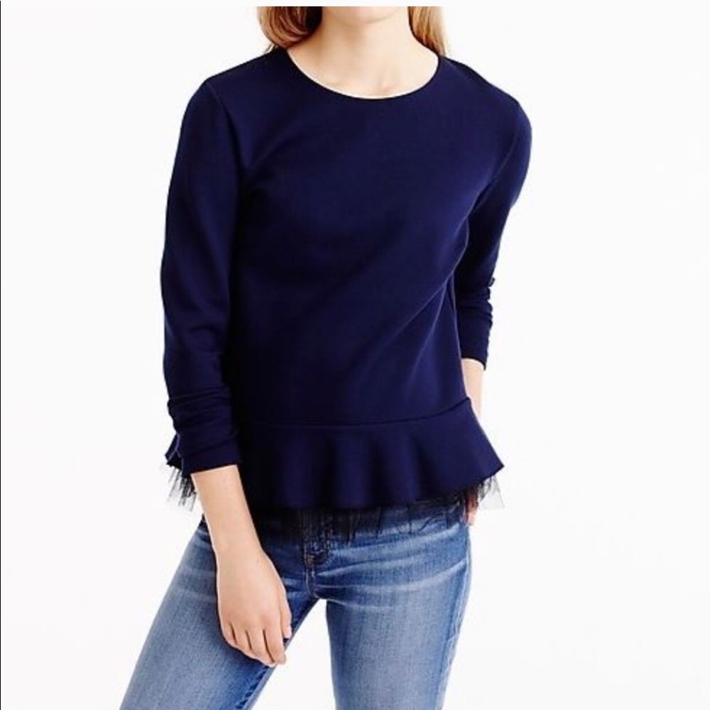J.Crew Navy Peplum Long sleeve with black tulle.